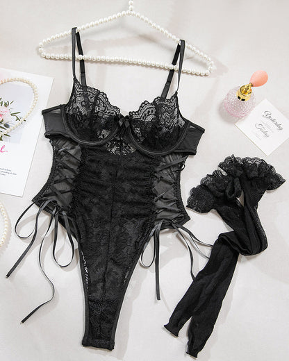 Christina™ | Body transparent din dantelă cu model floral și fundiță pe lateral