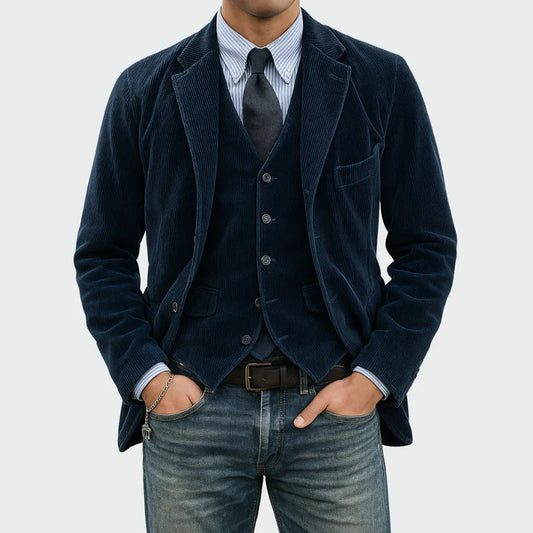 Arthur | Set Elegant Sacou + Vestă din Catifea în Dungi